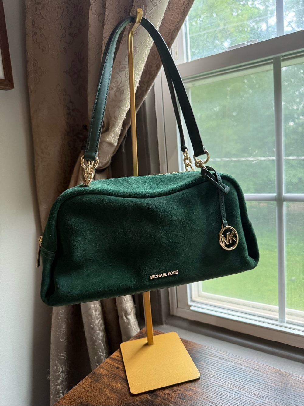Michael Kors Emerald Green Suede Shoulder Bag with Gold Hardware